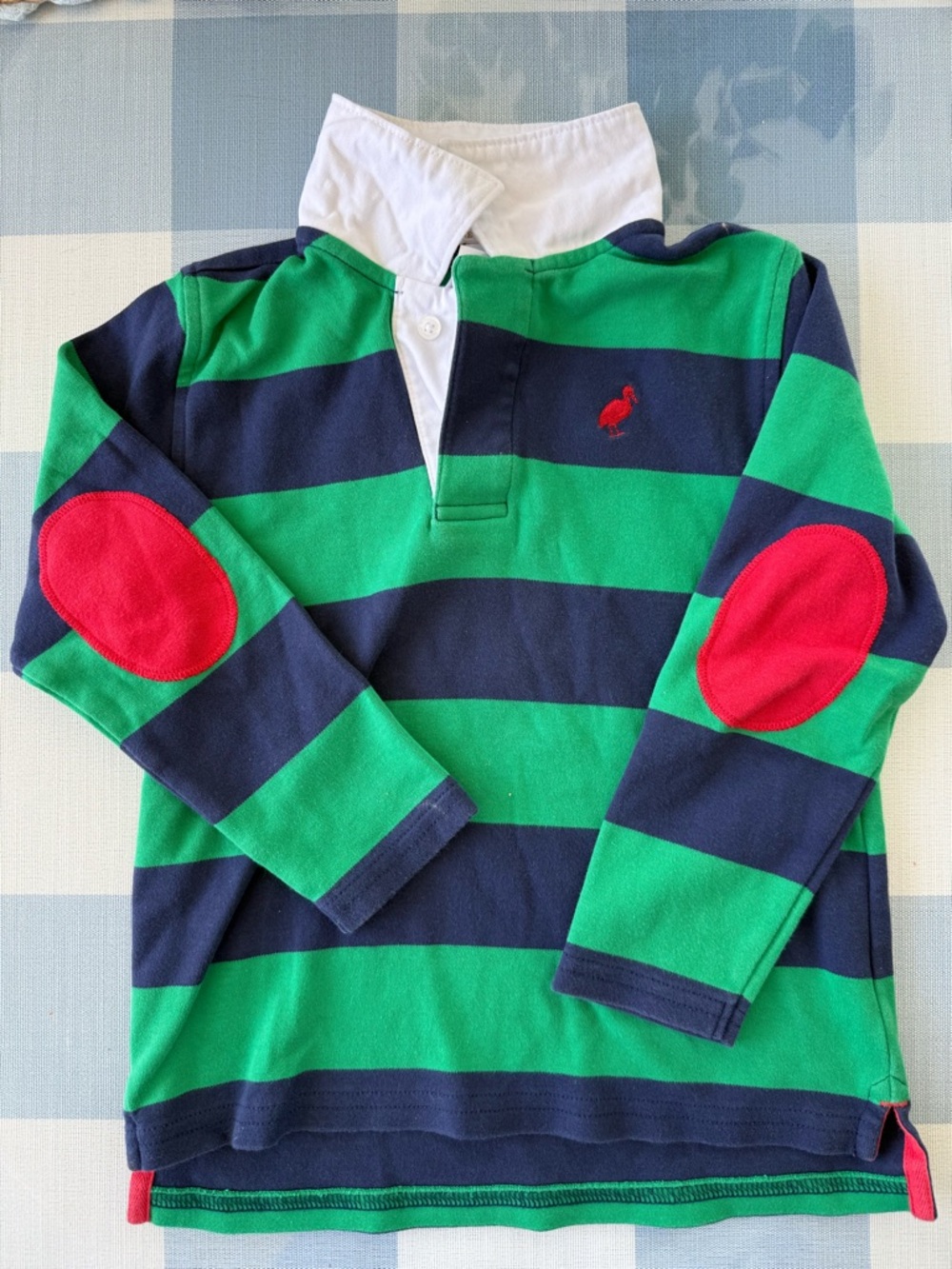 TBBC Boy’s Green & Navy Stripe Rugby Shirt with Red Elbow Patches